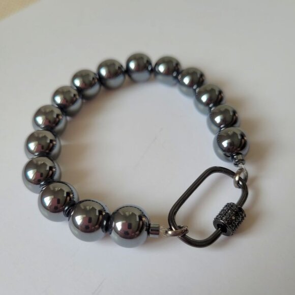 Hermatite Bracelet with Black overlay Carabiner Lock with Cubic Zirconia - Picture 2 of 2